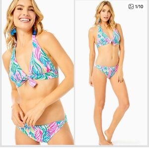 Lilly Pulitzer Multicolor Tropical Tie-Front Halter Bikini — Pink & Teal